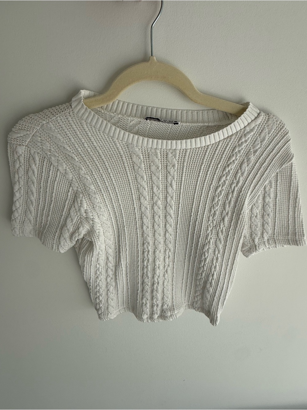 Zara Cropped Cable Knit Short Sleeve Top - White